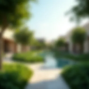 Lush Greenery Meets Modern Architecture in Al Seef Park Scenic view of Al Seef Park showcasing lush greenery and modern architecture