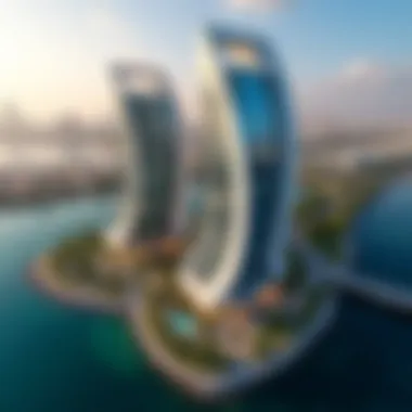 Aerial Perspective of Damac Voleo A stunning aerial view of Damac Voleo showcasing its unique architectural design.