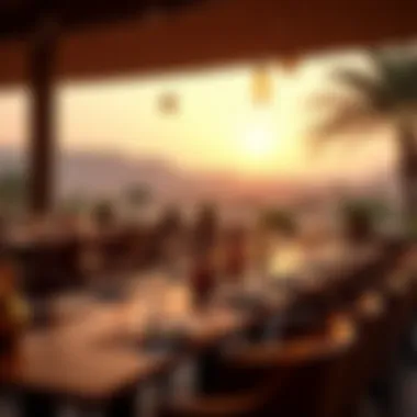 Cultural Dining in Desert Ambiance Vibrant cultural setting in a restaurant with desert backdrop