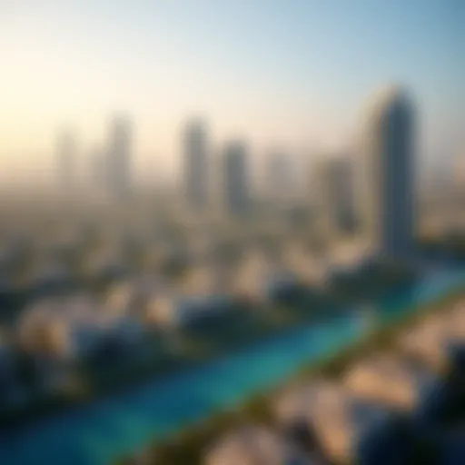 Aerial view showcasing the modern skyline of Al Arjan with residential buildings.