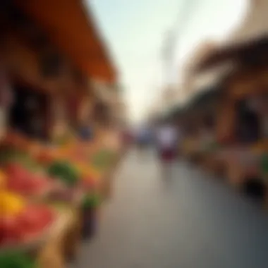 A bustling local market in Khawaneej featuring vibrant stalls and community interactions.