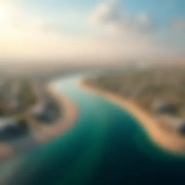 An aerial view of Al Qasba Canal and its surrounding developments, illustrating the impact on local real estate.