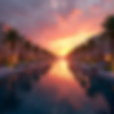 Sunset Serenity at Al Qasba Canal A stunning view of the Al Qasba Canal at sunset, showcasing the vibrant colors reflecting off the water.