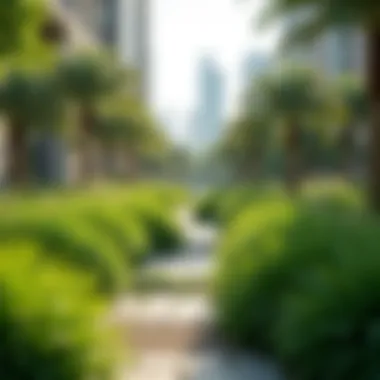 Sustainable Landscaping in Urban Dubai A lush green park in the heart of Dubai showcasing sustainable landscaping