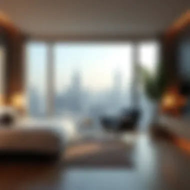 Modern hotel room with city view