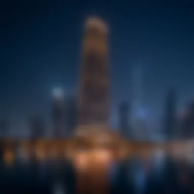 Night shot of the Tiger Building illuminated against the Dubai skyline.